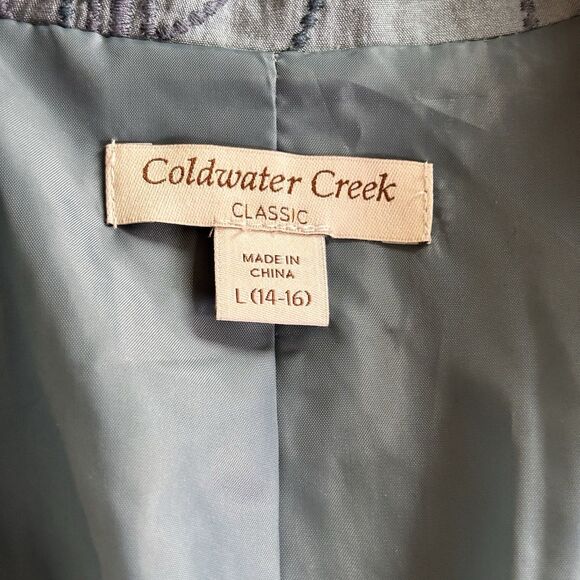 Coldwater Creek Large 14-16 Blue Silk Embroidered 3/4 Sleeve Open Front Jacket - Picture 6 of 7